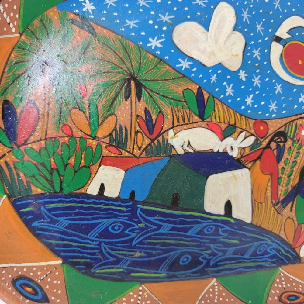 Mexican Hand Painted Folk Art Oval Clay Tray Platter Terracotta Wall Decor Fish - Picture 3 of 9